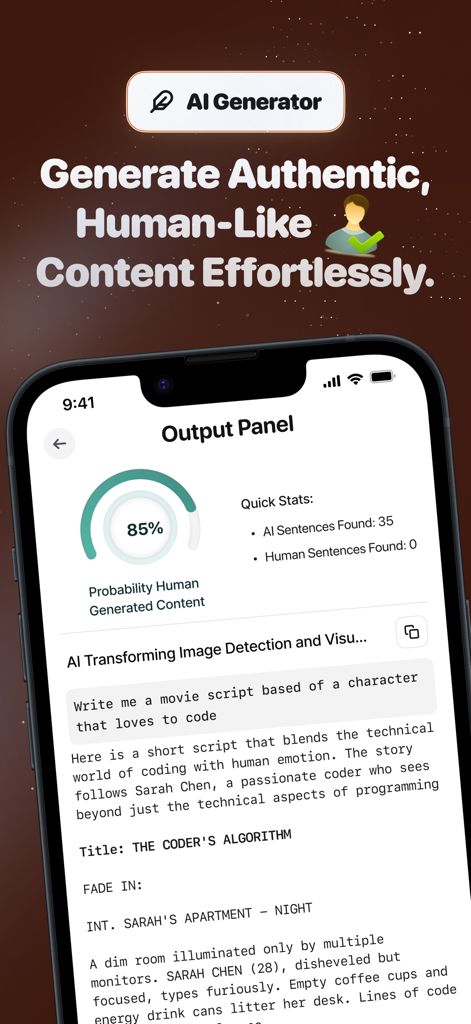 Interfaz de la aplicación Detector y Humanizador de IA que muestra una puntuación de probabilidad de contenido similar al humano del 85 por ciento