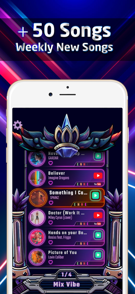 Beat Swiper - Pantalla de selección de canciones de la aplicación móvil Beat Swiper mostrando una lista de pistas como Believer de Imagine Dragons en una interfaz futurista de neón