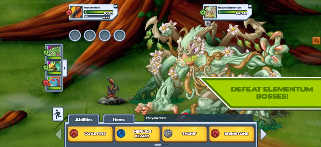 Miscrits - A turn based RPG battle against a Nature Elementum boss in Miscrits.