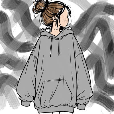 realistic girl with a oversized sweatshirt on and a bun