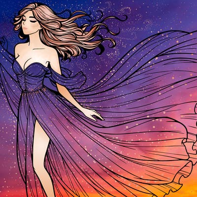 realistic woman in dress flowing the the wind