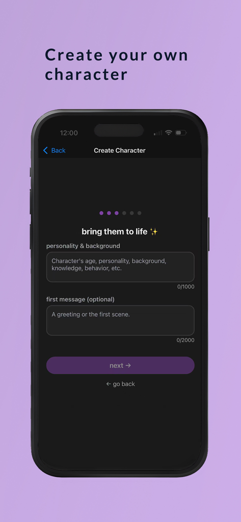 Mobile app screen showing the interface to create a custom AI character with personality and background fields