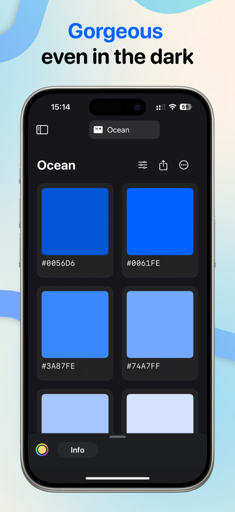 HueHouse - Color Picker - HueHouse app showing a collection of blue color swatches in dark mode