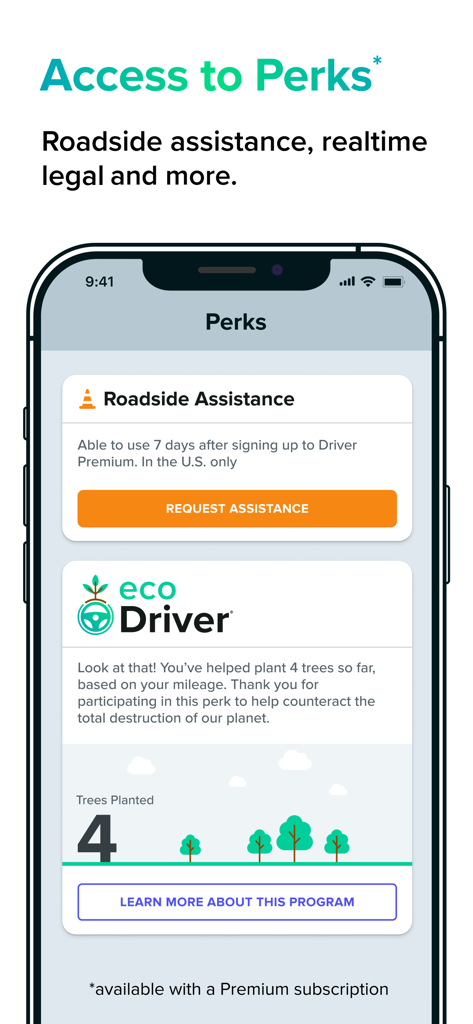 Driver app Perks screen displaying roadside assistance and the eco driver tree planting program
