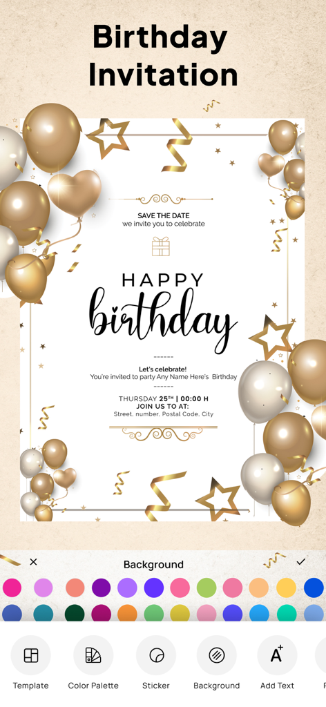 Invitation Maker| Digital RSVP - 金色の風船と背景色の選択メニューが付いたデジタル誕生日招待状テンプレート