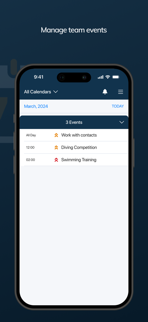Interface of ARI Athletics app showing a calendar for managing team events and recruiting schedules