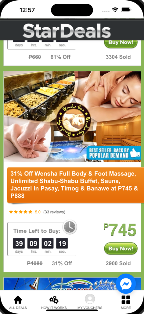 StarDeals app screen displaying a massage and shabu-shabu buffet deal