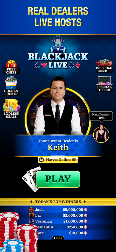 Blackjack Live Casino home screen featuring a live dealer and daily top winners leaderboard