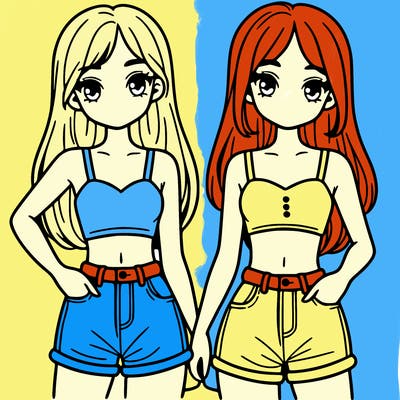 two sisters with crop tops and jean shorts and straight hair