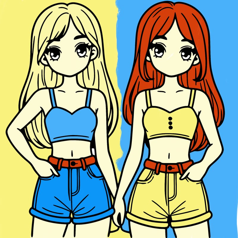 two sisters with crop tops and jean shorts and straight hair