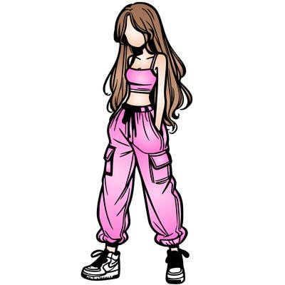 girl in baggy pants crop top and long hair