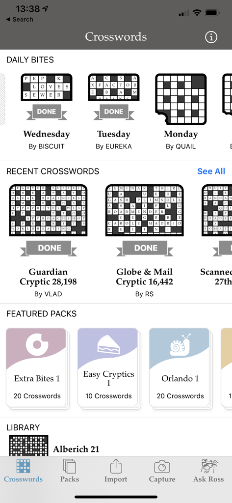 Crossword Genius - Main menu of the Crossword Genius app showing daily bites and crossword puzzle packs