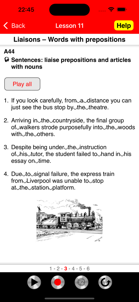 Fluent English Speech - English pronunciation lesson screen showing liaison and connected speech exercises with audio recording tools