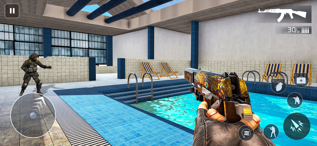 Commando Strike: Shooting Game - First person shooter view of a player holding a patterned pistol near an indoor swimming pool in Commando Strike
