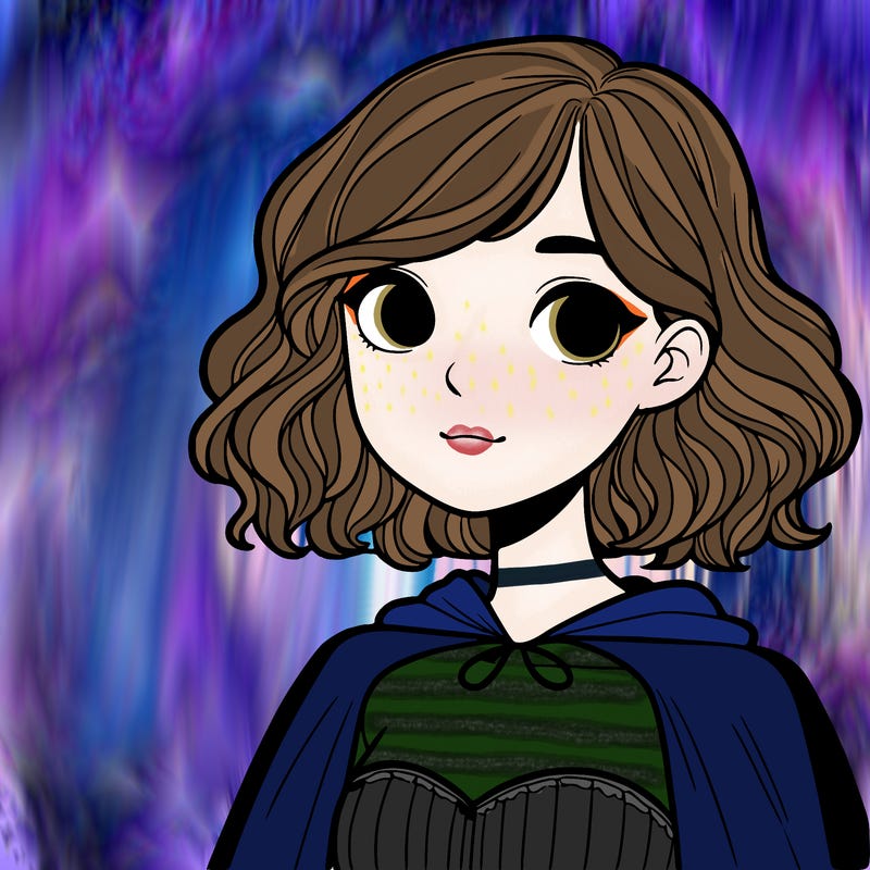 a girl with short wavy bob in halloween costume with a freckle on her chin on the left and she looks like she’s maybe like 16