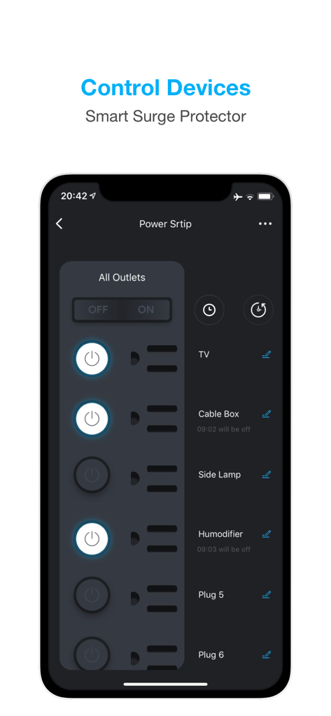 geeni - Geeni app interface showing control settings for a smart surge protector with individual outlet switches