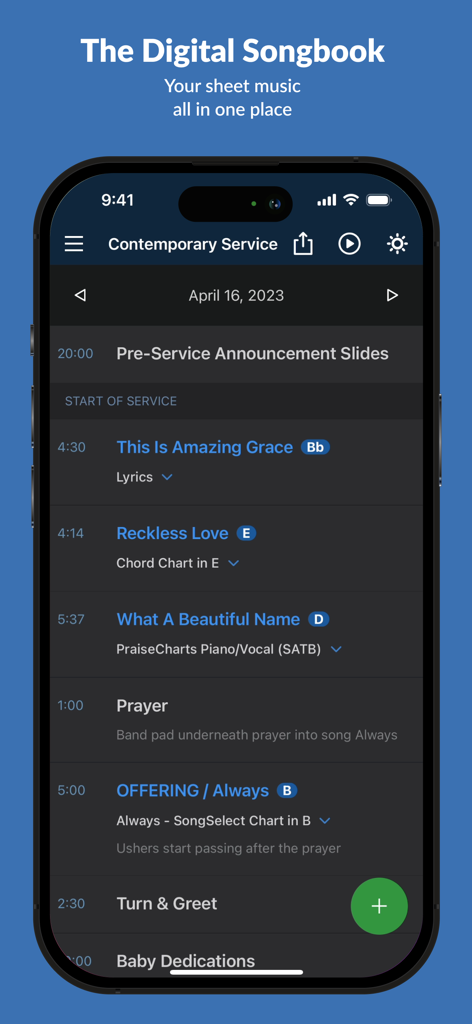 Planning Center Music Stand app displaying a digital worship service schedule with song titles and musical keys