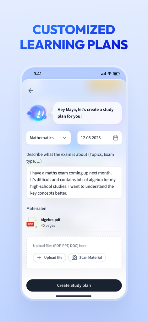 Vaia: AI Flashcards. Study App - Interface of the Vaia app showing a student named Maya creating a customized study plan for a mathematics exam using an AI assistant and an uploaded algebra PDF.
