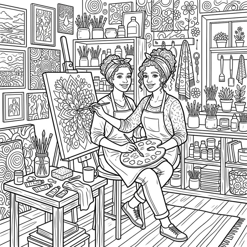 Discover the vibrant world of art with this intricate coloring page featuring two talented artists in their bustling studio. Immerse yourself in a scene filled with creativity, brushes, and canvases, perfect for expressing your artistic flair.