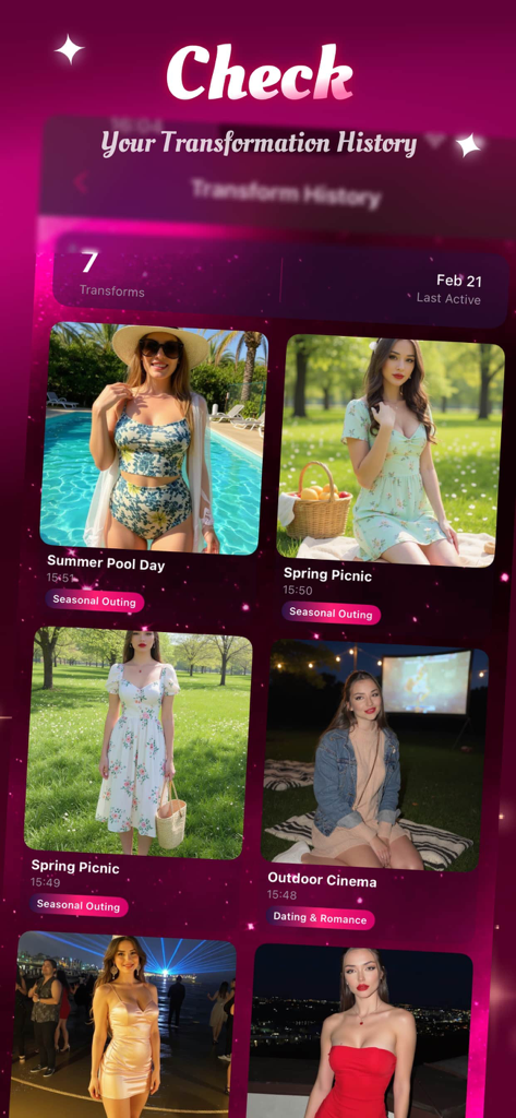 A mobile screen showing a gallery of AI-transformed photos in lifestyle settings like a pool, picnic, and outdoor cinema.