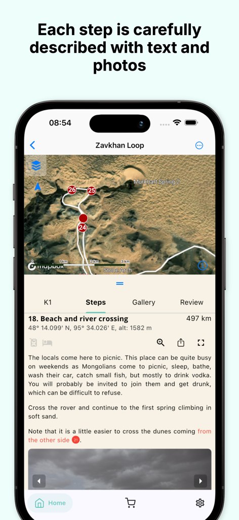 Overland Map - Detailed itinerary step with satellite map and off-road navigation instructions.