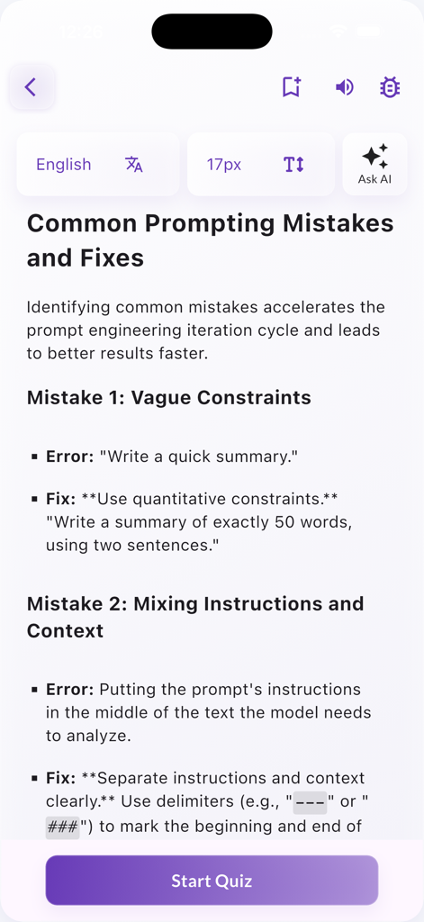 App screen showing common AI prompting mistakes and fixes with examples and a start quiz button