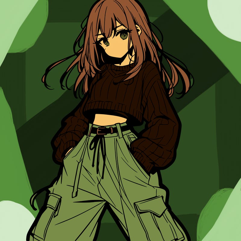 anime teen girl with baggy pants and crop top with sweater