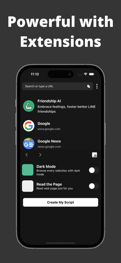 Friendships Pro - Una captura de pantalla de la interfaz de la aplicación Friendships Pro que muestra varias extensiones de utilidad como Friendship AI, Modo Oscuro y Leer la Página.
