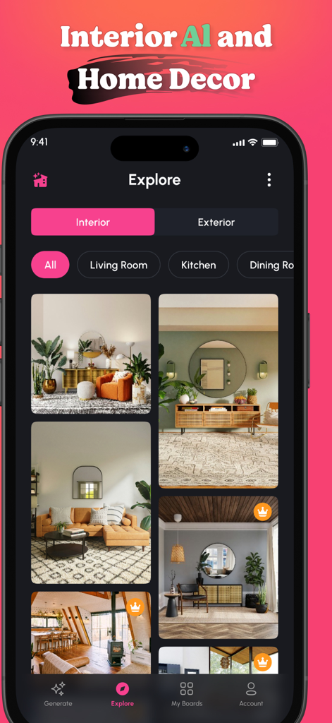 Interfaz de la aplicación HomeAi que muestra la pantalla Explorar con varias inspiraciones de diseño de interiores y categorías de habitaciones.
