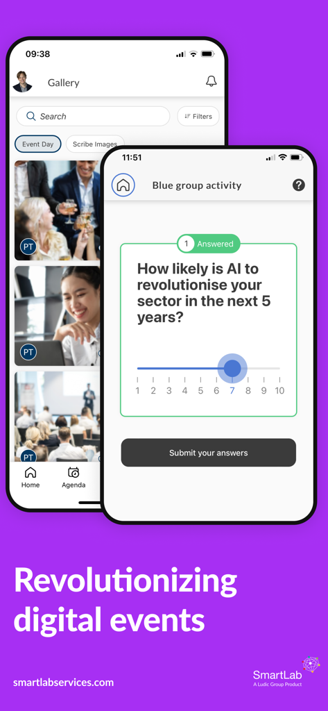 Écrans de l'application SmartLab affichant une galerie de photos et un sondage interactif sur le secteur de l'IA pour les événements numériques