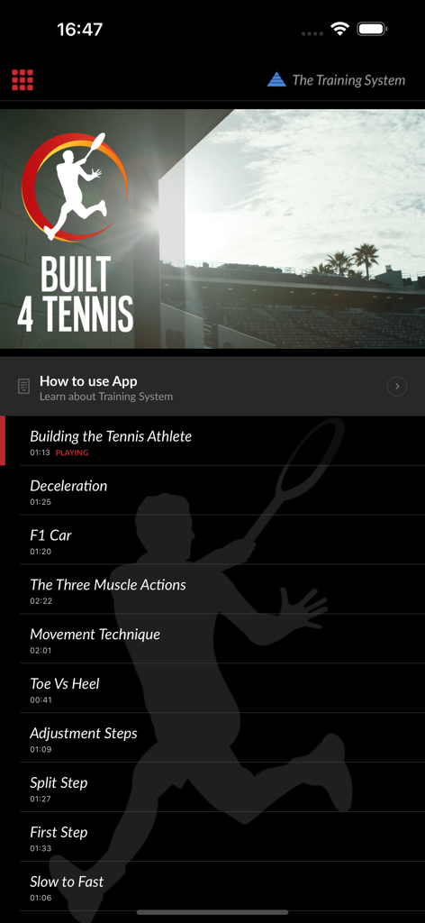Interface of the Built 4 Tennis app listing video training lessons for tennis athletes