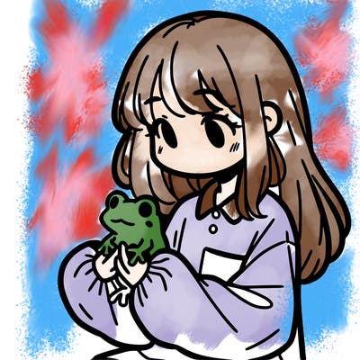 girl with long hair and a oversized shirt. and she is holding a frog