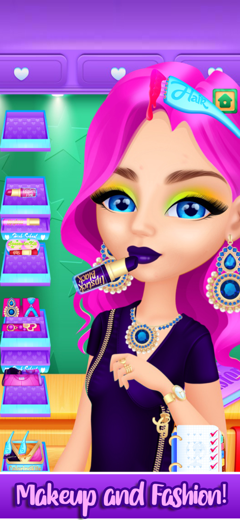 Girls High School Makeup Salon - Personnage de lycéenne appliquant du rouge à lèvres violet foncé et portant des bijoux dans un jeu de salon de relooking