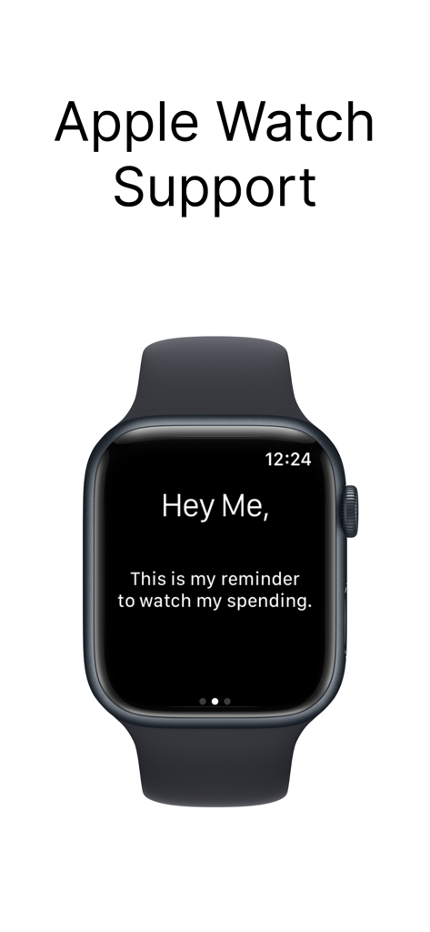 Hey Me, Remind Me - An Apple Watch displaying a personalized spending reminder from the Hey Me Remind Me app.