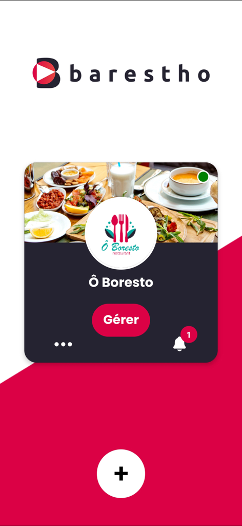Barestho Pro - Barestho Pro mobile app dashboard displaying a restaurant management card with a notification alert and manage button.
