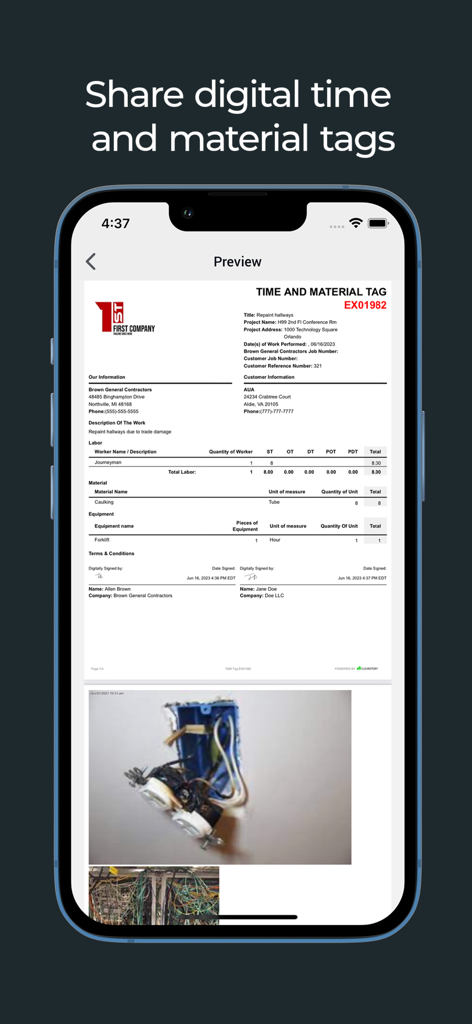 Vorschau eines digitalen Zeit- und Materialzettels in der Clearstory-App mit Angaben zu Arbeit, Material und Fotos vom Standort