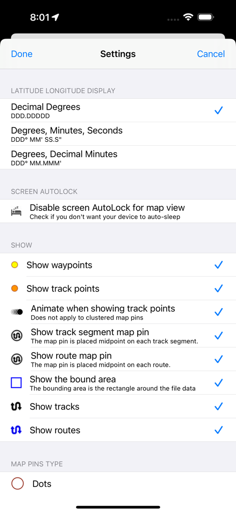 Schermata delle impostazioni dell'app GPX Viewer che mostra i formati di visualizzazione delle coordinate e le opzioni di personalizzazione della vista mappa.