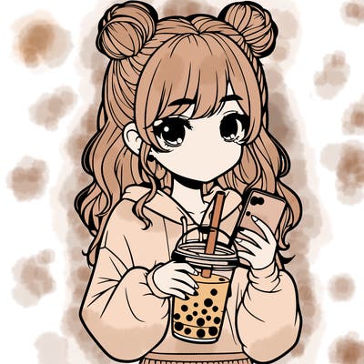 realistic girl with a lphone and boba