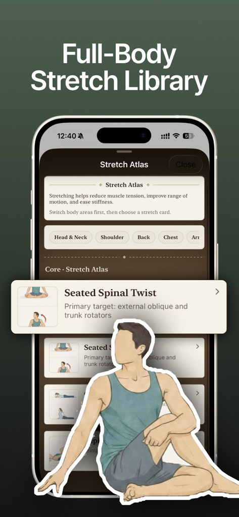 MuChills: Daily Stretch Log - Pantalla de smartphone que muestra la biblioteca del atlas de estiramientos de MuChills con una ilustración del ejercicio de torsión espinal sentado