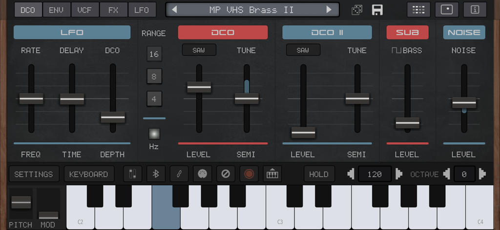 AudioKit Synth One J6 mobile app interface with vintage synthesizer controls and keyboard.