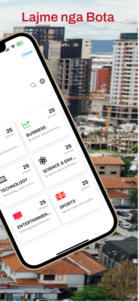 Smartphone screen showing world news categories in the Radio Kosova Live FM app