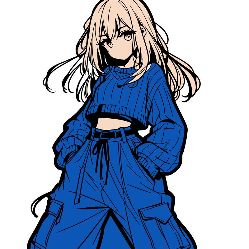 anime teen girl with baggy pants and crop top with sweater