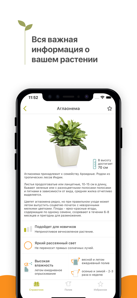 Комнатные растения - Mobile app screen showing detailed care instructions and icons for an Aglaonema plant