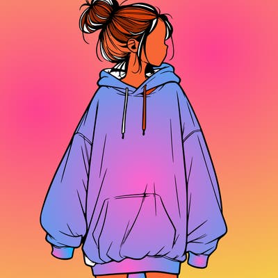 realistic girl with a oversized sweatshirt on and a bun