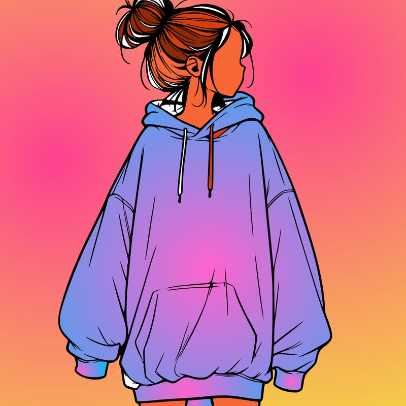 realistic girl with a oversized sweatshirt on and a bun