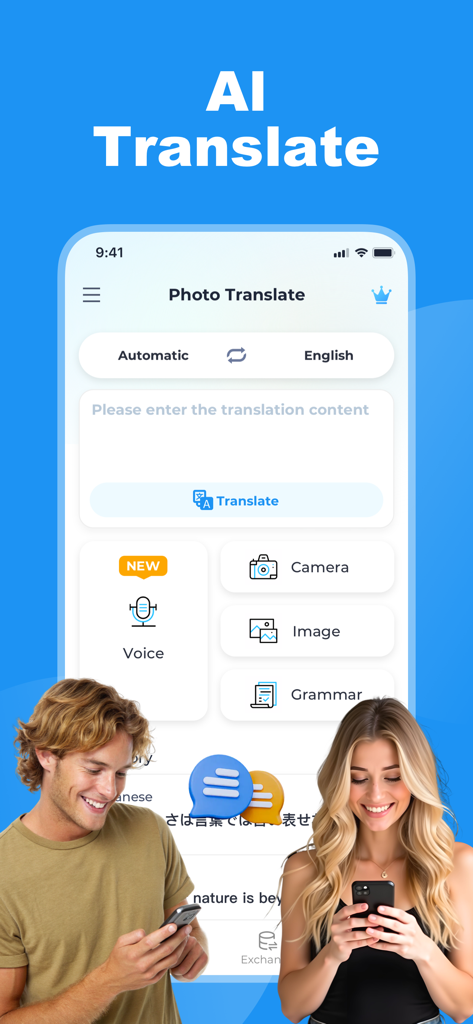 Interfaz de la aplicación Photo Translator AI Translate que muestra las funciones de traducción de cámara, voz y gramática.