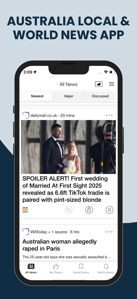 Hauptfeed der Australien Lokale und Weltnachrichten-App, der verschiedene Nachrichtengeschichten und Navigationsregisterkarten anzeigt