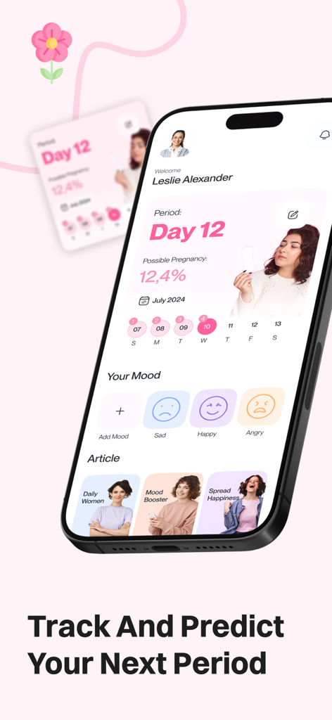 Simple Period Track +Ovulation - Smartphone mostrando el panel de Simple Period Track con predicciones del ciclo menstrual y opciones de registro de estado de ánimo
