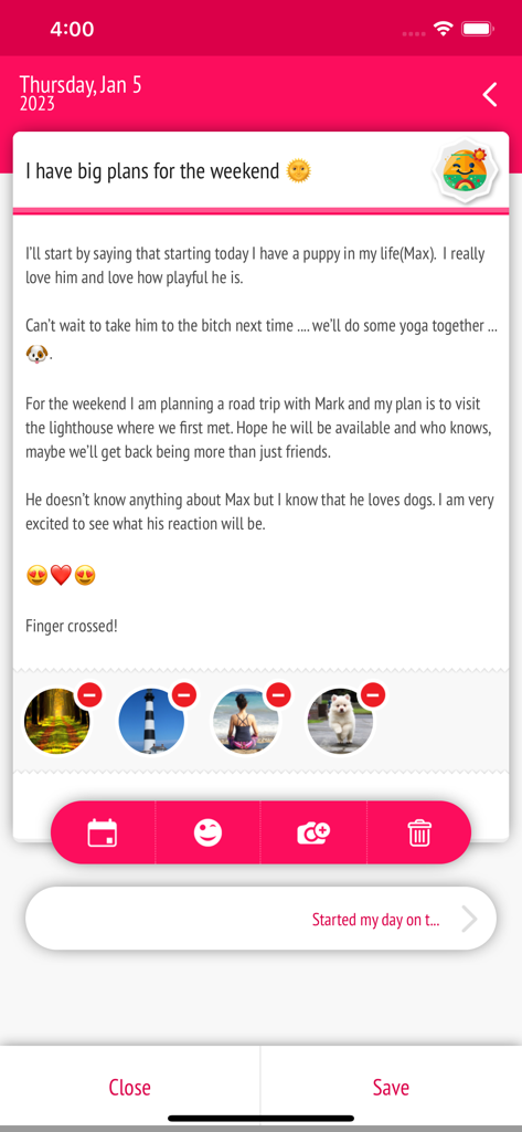 Diary - Journal with password - A personal diary entry interface featuring text emojis and attached photos in a pink themed mobile app
