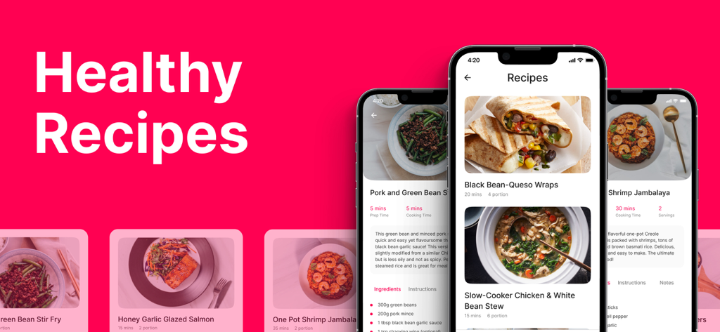 heart rate aрp - Una selezione di ricette salutari per il cuore visualizzate sugli schermi di smartphone all'interno dell'app.